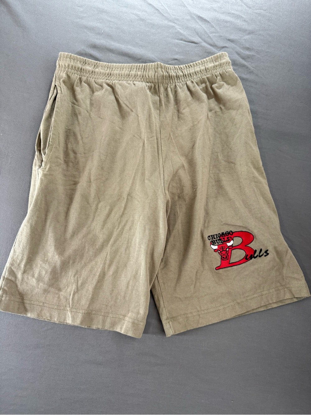 The Game Men's Khaki Athletic Shorts with Red Chicago Bulls Logo